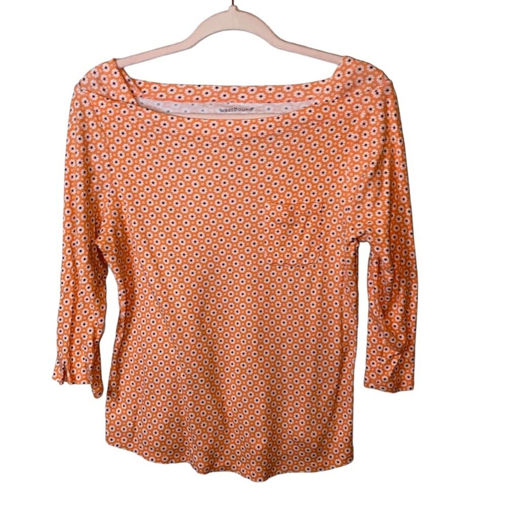 Westbound Orange Geometric Print 3/4 Sleeve‎ Top Medium Stretch Knit Casual